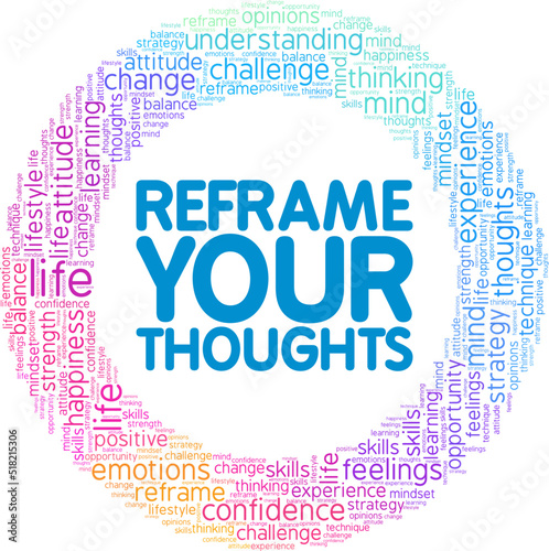Reframe Your Thoughts word cloud conceptual design isolated on white background.