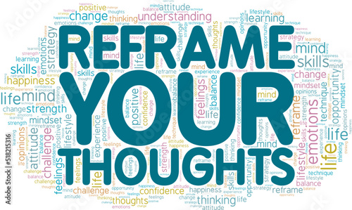 Reframe Your Thoughts word cloud conceptual design isolated on white background.