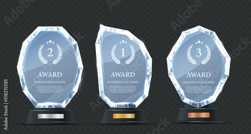 Realistic Competition trophies. Collection of cups for winners in competitions. Set of luxurious glass figurines. Prizes and motivation. Vector illustrations isolated on transparent backdrop
