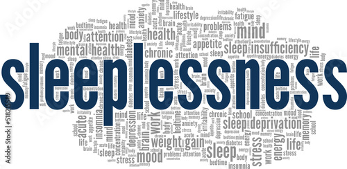 Sleeplessness word cloud conceptual design isolated on white background. photo