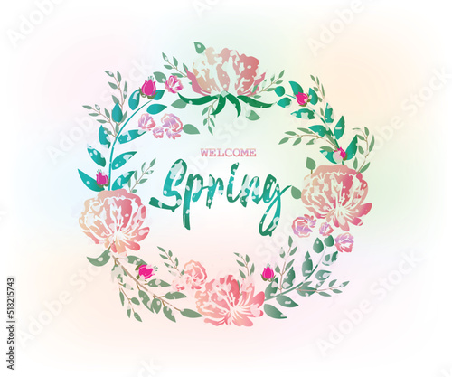Spring welcome in a wreath frame silhouette of pink roses with leaves grunge text watercolor icon vector image design banner template © glopphy