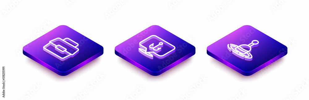 Set Isometric line Case or box for fishing, Fishing hook and float water icon. Vector