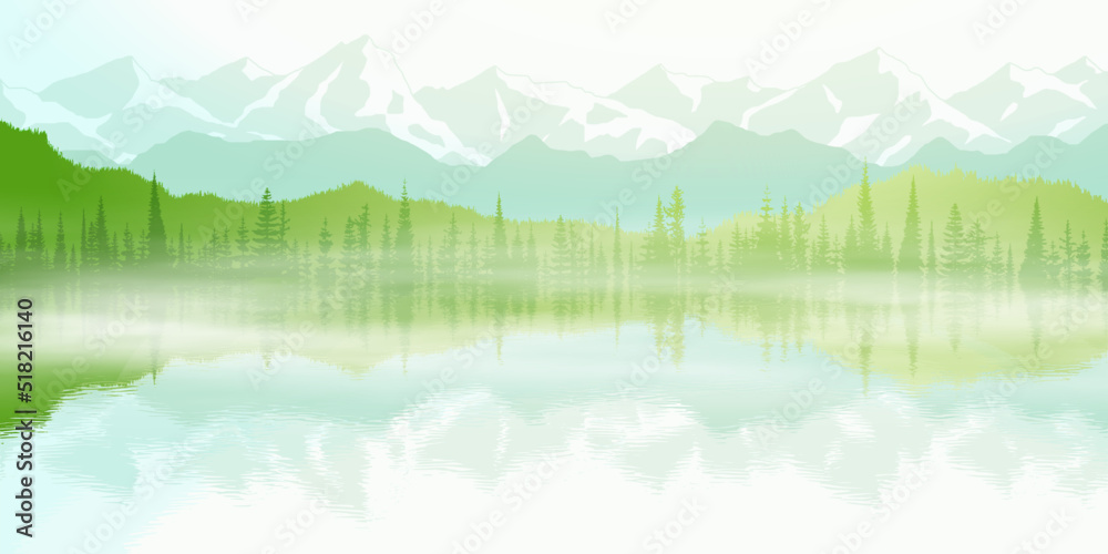 Picturesque reflection in a mountain lake, snow-capped peaks and greenery of forests, summer travel