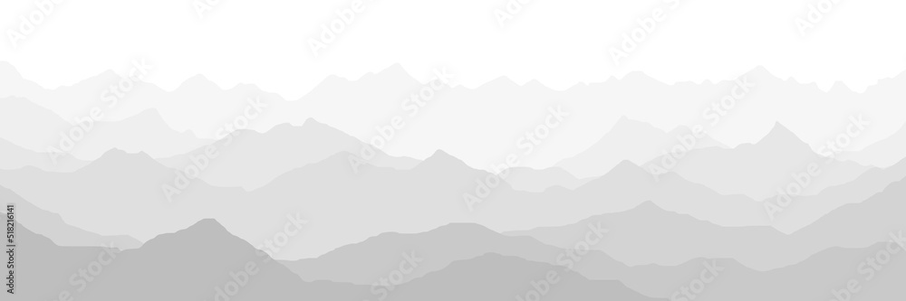 Black and white mountain landscape, ridges in the fog, panoramic view
