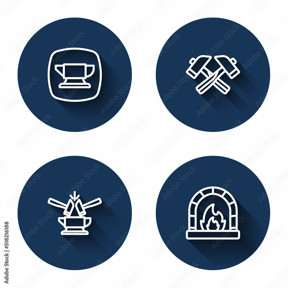 Set line Blacksmith anvil tool, Crossed hammer, Anvil and and oven with long shadow. Blue circle button. Vector Set line Blacksmith anvil tool, Crossed hammer, Anvil and and oven with long shadow. Blue circle button. Vector