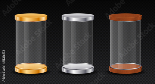 Glass cylinder 3 type. Collection of storage jars, graphic elements for promotion. Gold and silver containers for presentation. Realistic vector illustrations set isolated on transparent background