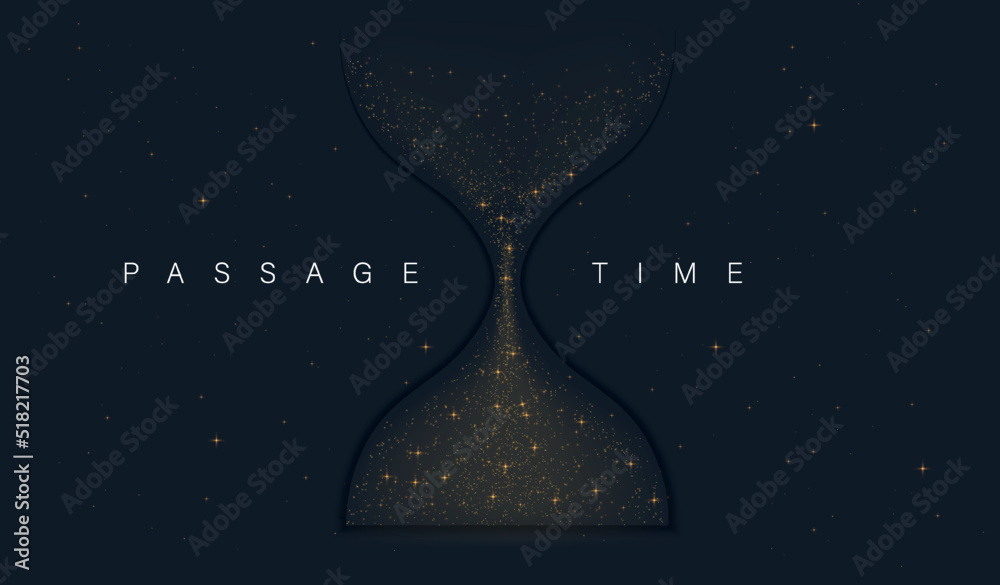 Passage of time. Shiny hourglass, mysticism and esotericism. Clarity and responsibility. Stylish wallpaper for computer or phone. Poster or banner for website. Realistic elegant vector illustration - obrazy, fototapety, plakaty 