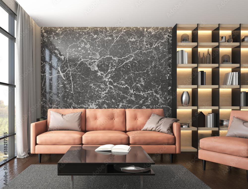 Modern luxury living room with leather sofa set, black marble wall and ...