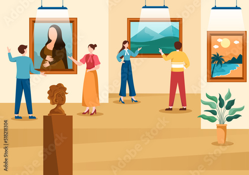 Art Gallery Museum Cartoon Illustration with Exhibition, Culture, Sculpture, Painting and Some People to See it in Flat Style Design
