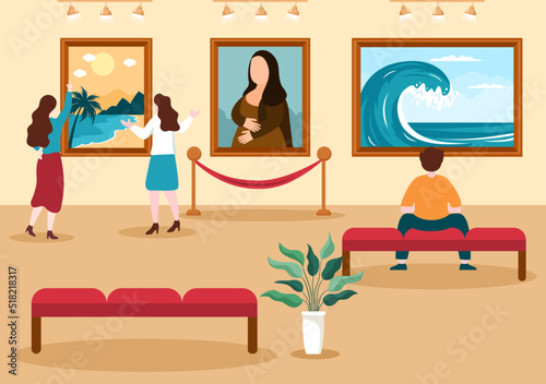 Art Gallery Museum Cartoon Illustration with Exhibition, Culture, Sculpture, Painting and Some People to See it in Flat Style Design
