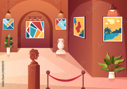 Art Gallery Museum Interior Cartoon Illustration Exhibition, Culture, Sculpture and Painting for Some People to See it in Flat Style Design