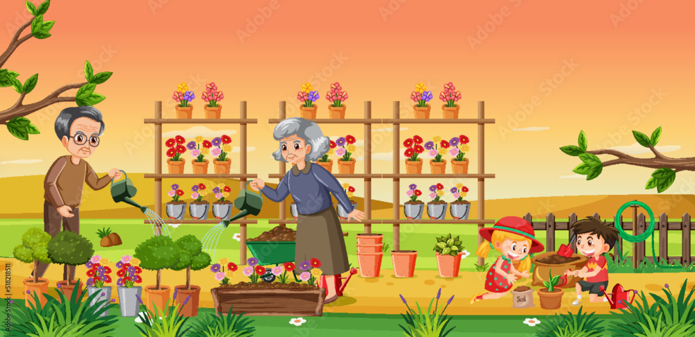 Elderly coupple with their grandchildren gardening