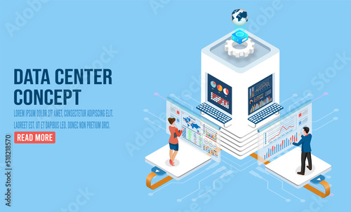 3D isometric data center concept with digital service, application with data transmission, Network computing technologies, Hosting Server Database.  Vector illustration eps10