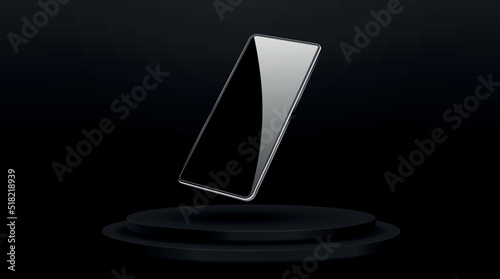 Realistic phone on podium. Presentation smartphone, gadget or device on pedestal. Promotion of technologies on Internet, advertising poster or banner for website, marketing. 3D vector illustration