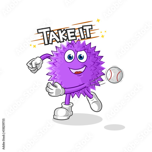 spiky ball watering the flowers mascot. cartoon vector