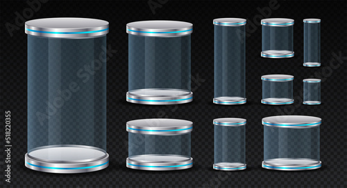 Transparent glass cylinders. Set of glass containers of various shape for presentation of products. Templates, layouts and mockups. Realistic 3D vector illustrations isolated on transparent background