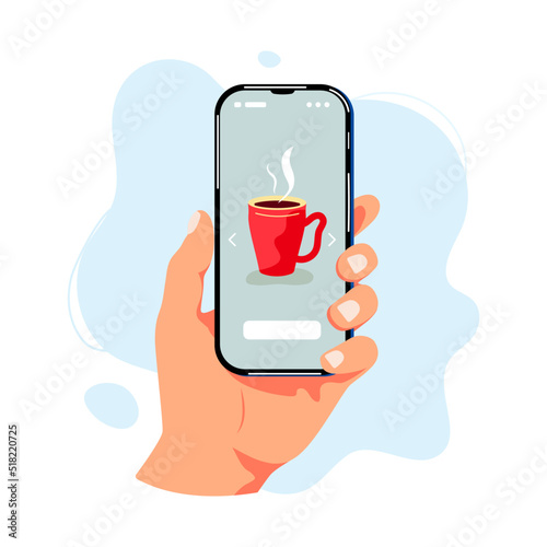 Human arm is holding mobile phone with hot drink mug on the screen. Food delivery, beverage online shopping concept. Vector illustration.