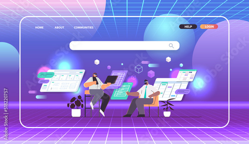businesspeople wearing digital glasses business people planning day scheduling appointment vr vision headset innovation