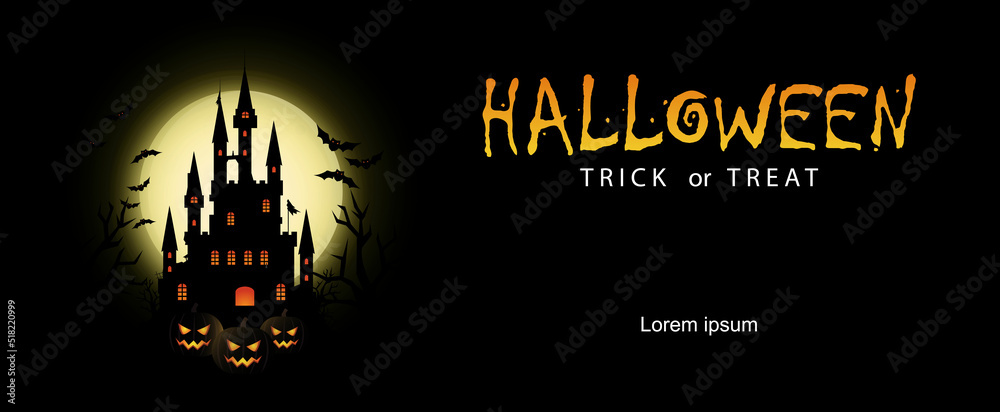 happy halloween greetings with castle silhouette and yellow moonlight at night for banner