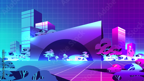 neon urban town street view through VR glasses mega city building houses exterior metaverse virtual reality technology