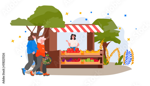 people shopping at outdoor organic food grocery market stall with fruits and vegetables horizontal
