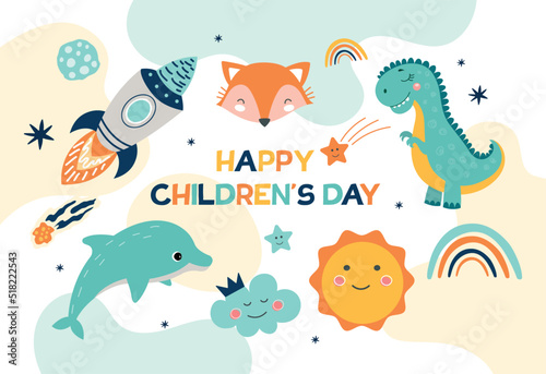 Happy childrens day. Greeting or invitation postcard for international holidays. Animals, rainbow, cloud and rocket, cute characters. Fox, dolphin, dinosaur. Cartoon flat vector illustration