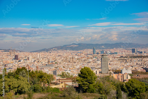 panorama of the city of barcelona with sagrada familia and buildings