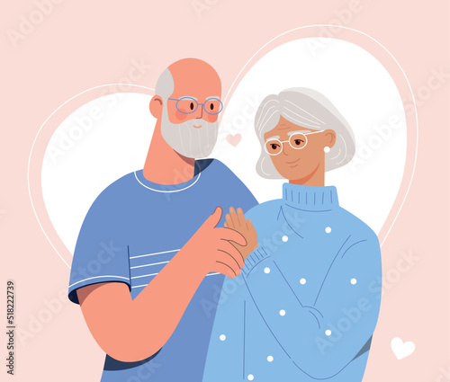 Elderly couple concept. Grandfather and grandmother smiling, metaphor for romance, love and care. Elderly husband and wife celebrating their wedding anniversary. Cartoon flat vector illustration