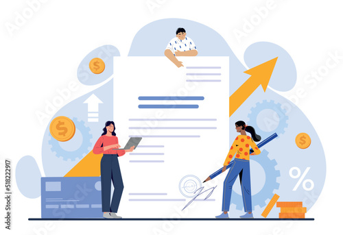 Couple signing loan agreement. Men and girl sign contract, take credit from bank. Family buys property. Banking and mortgages. Financial literacy and economics. Cartoon flat vector illustration