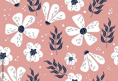 Flowers seamless pattern. Repeating image for printing on wrapping paper. Minimalistic style. Flowers, plants, flora and nature. Spring or summer season, romance. Cartoon flat vector illustration