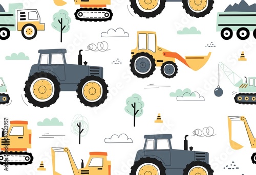 Seamless pattern with tractors. Repeating image with vehicles for printing on paper or fabric. Machines harvesting on farm. Design element for childrens clothing. Cartoon flat vector illustration