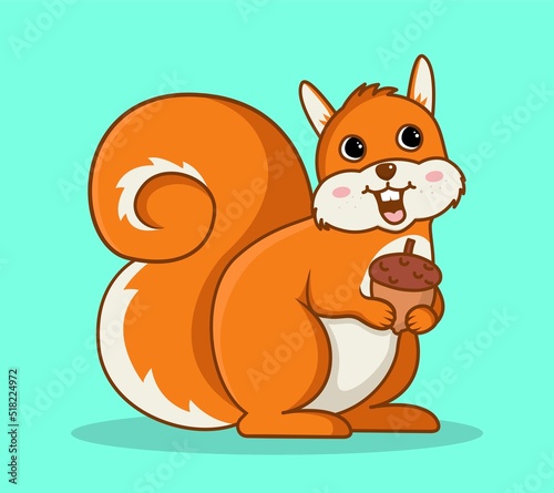 Squirrel with nut. Cute character, forest dweller with food. Mascot or toy. Picture for printing on children clothing. Adorable fluffy animal. Smiling wild mammal. Cartoon flat vector illustration