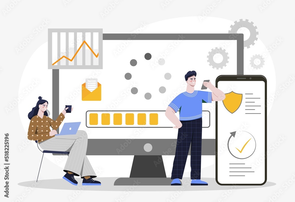 Software update concept. Man and woman improve applications on computer and phone. Characters download files from Internet. Modern technologies and digital world. Cartoon flat vector illustration Software update concept. Man and woman improve applications on computer and phone. Characters download files from Internet. Modern technologies and digital world. Cartoon flat vector illustration