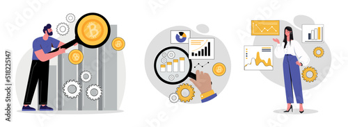 Technical analyzing set. Employees evaluate graphs, diagrams and charts. Collection of office workers. Marketing research, information. Cartoon flat vector illustrations isolated on white background