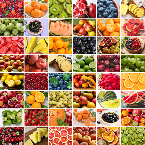 Fototapeta Naklejka Na Ścianę i Meble -  Collage with many different ripe fruits and berries