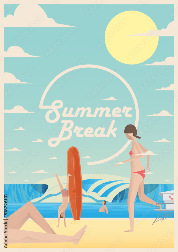 Bikini girl on the beach with surfboard. Water extreme sport, Travelling, summer vacation concept, tourism, summer holiday, healthy lifestyle. Vector illustration in flat style.