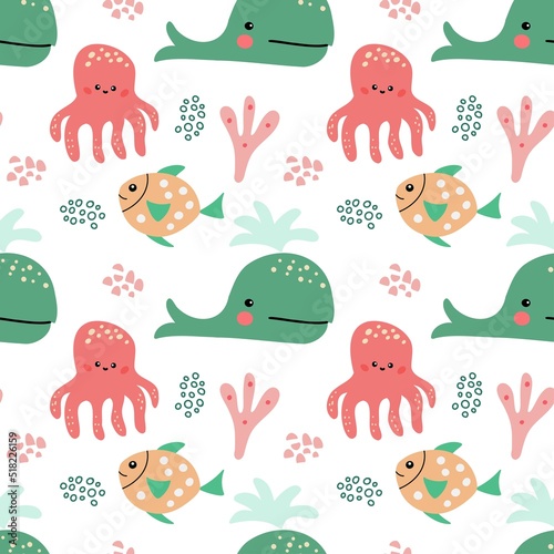 Fototapeta Naklejka Na Ścianę i Meble -  Seamless pattern with a cute  whale, fish, octopus, and seaweed on a white background. Vector graphics for the design of wallpapers, textiles, wrapping paper, clothes, pillows, bags.