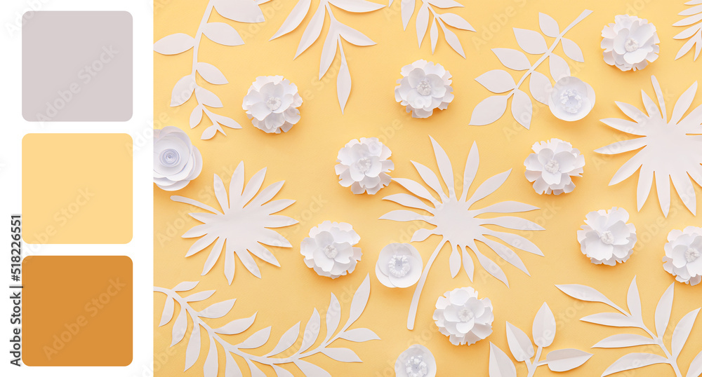 Paper flowers and leaves on yellow background. Different color patterns