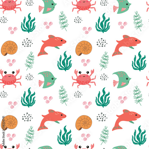 Seamless pattern with a cute  fish, crab and seaweed on a white background. Vector graphics for the design of wallpapers, textiles, wrapping paper, clothes, pillows, bags.