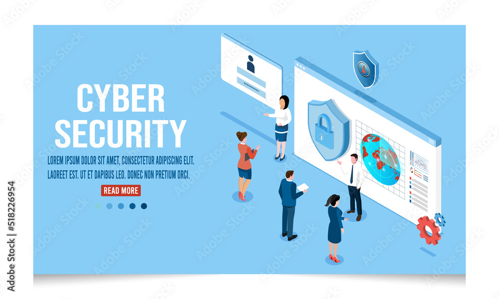 3D isometric Cyber security concept with cloud data under the protection, data privacy, antivirus, encryption, Secure information transfer.  Vector illustration eps10