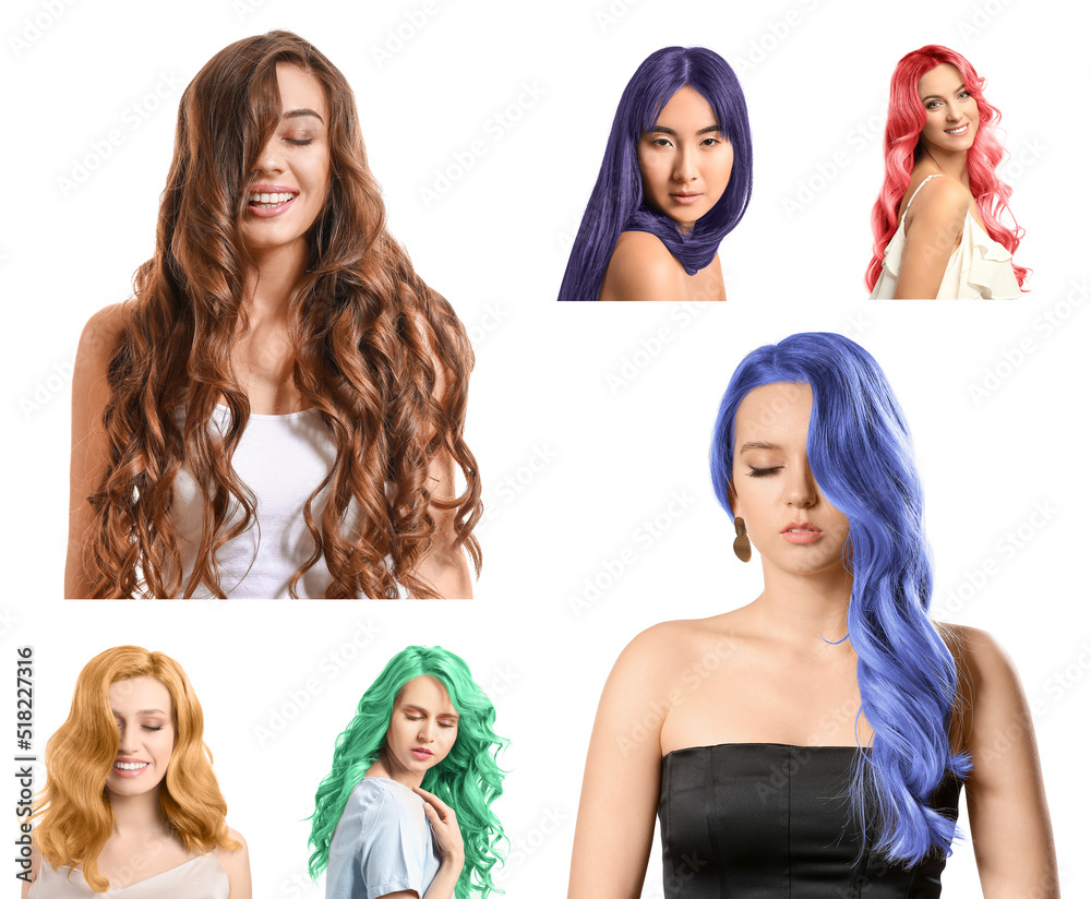 Set of beautiful young women with unusual hair colors on white background Set of beautiful young women with unusual hair colors on white background