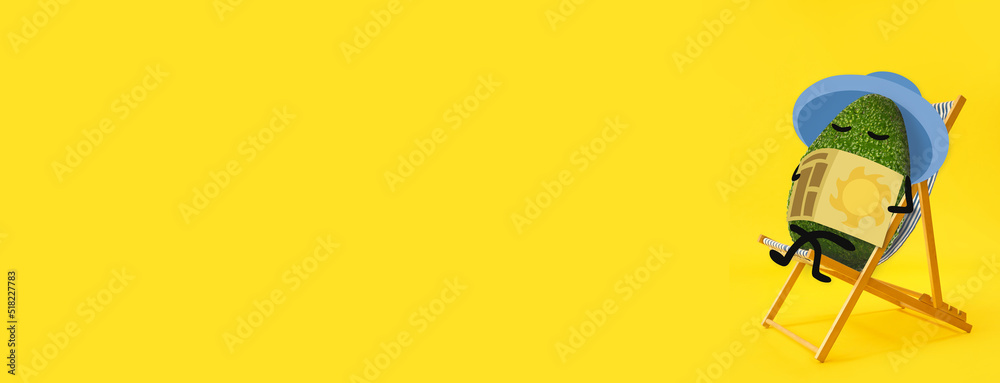 Funny avocado relaxing on deck chair against yellow background with space for text - obrazy, fototapety, plakaty 