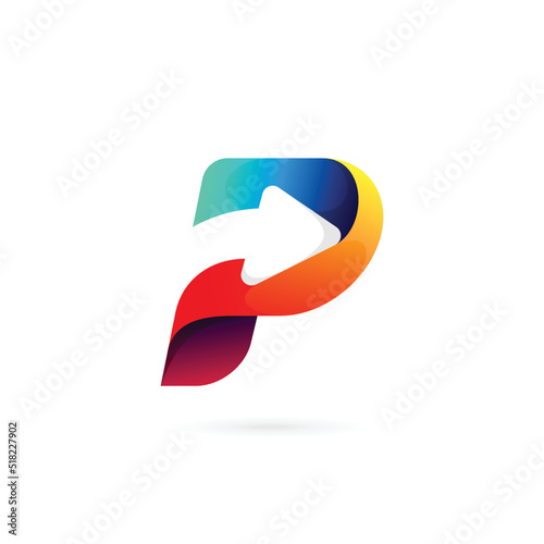 p logo with arrow concept, arrow letter logo photo