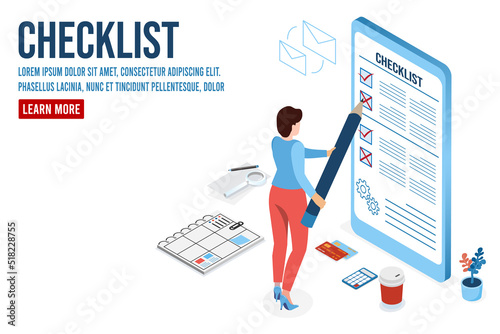 3D isometric checklist concept with Positive business woman with a pencil on her mobile phone for web banners, infographics, websites, printed products..  Vector illustration eps10