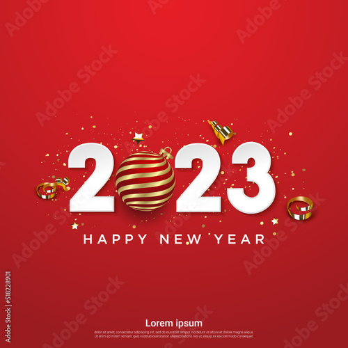 Happy new year 2023 numbers with ball on square red background