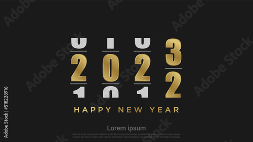 Happy new 2023 year with gold loading number on black background 