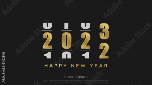 Happy new 2023 year with gold loading number on black background	
