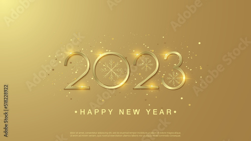 Gold happy new 2023 year on gold background	
