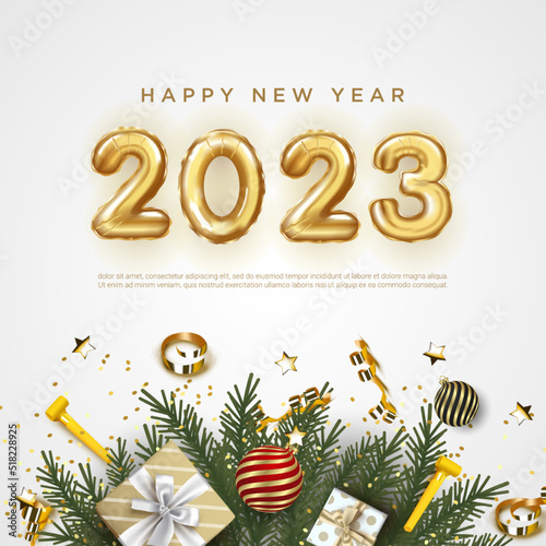 Happy new year 2023 balloon numbers on green fir branches square background