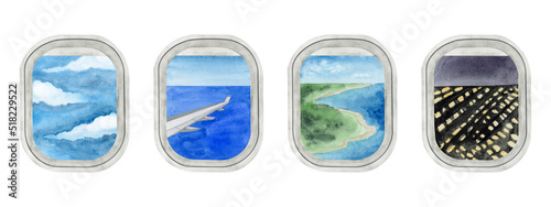 View from the airplane window watercolor hand drawn illustration. Travel clipart element isolated on white background.
